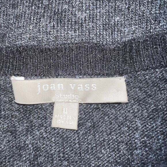 Joan Vass L, Grey Think Black Sleeves Trim V-Neck Front Loose Long Boho Knit Top - Picture 9 of 9